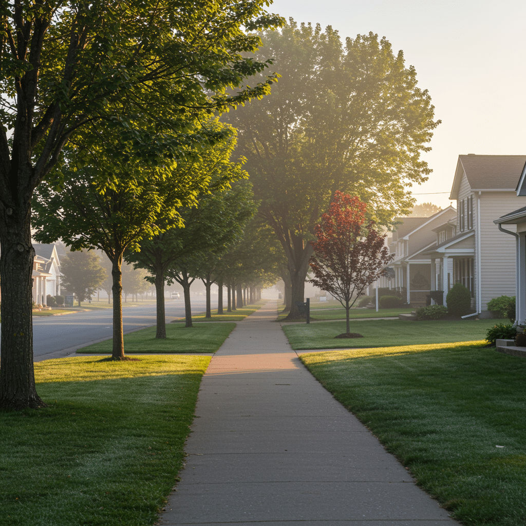Avon, IN residential neighborhood with serene sunrise lighting, tidy homes, and tree-lined streets, representing Mulatto Massage service area for Swedish, Deep Tissue, Sports, and Prenatal massage at 10948 E US HIGHWAY 36 STE 6 AVON IN 46123-7980.