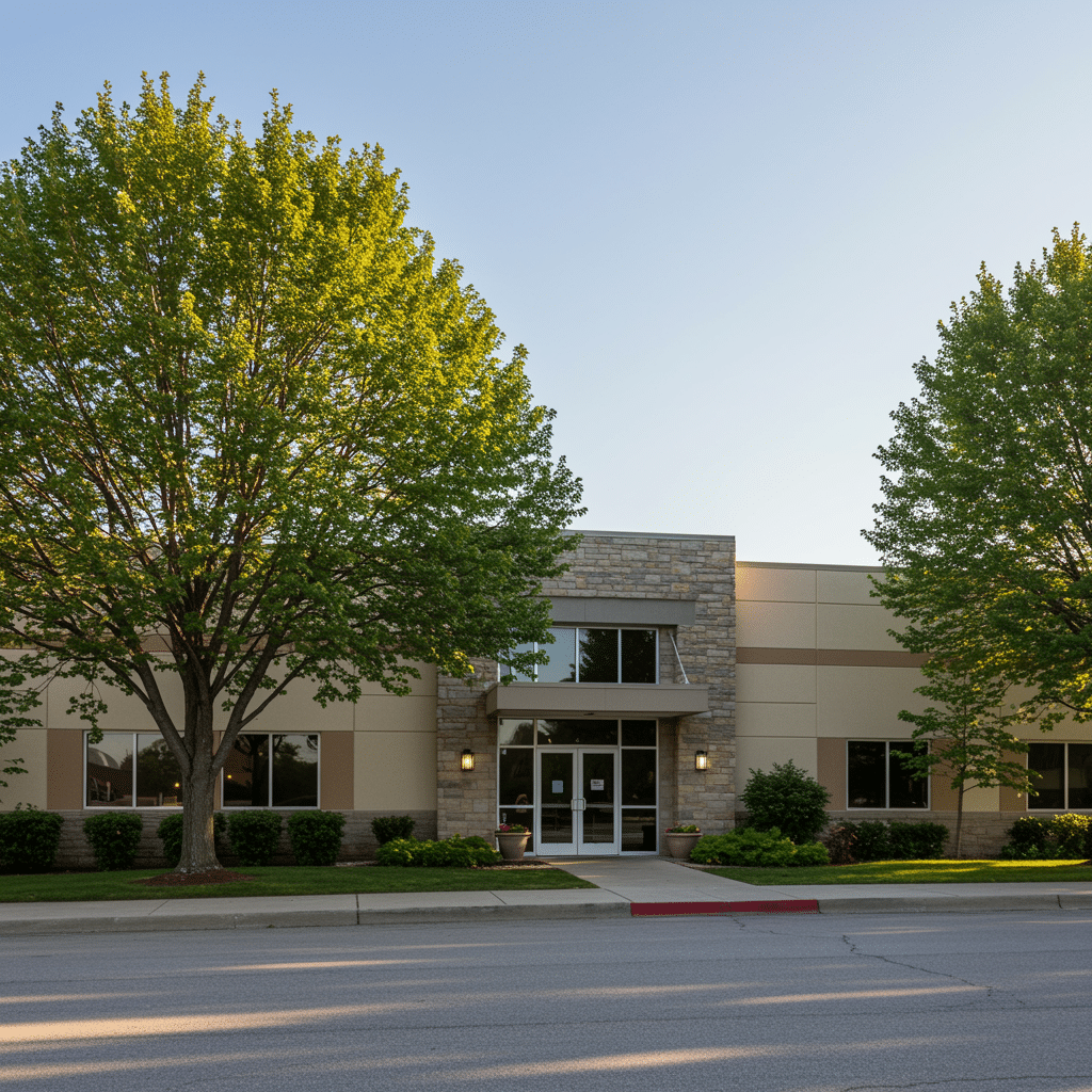 Exterior view of Mulatto Massage's clean, modern storefront in Avon, IN with tasteful landscaping and welcoming entrance
